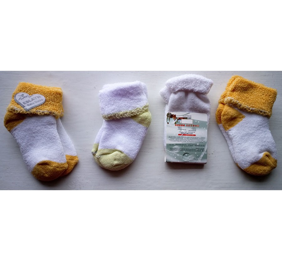Носки махровые для новорождённых, возраст от 0 до 3 месяцев, цвет Белый с жёлтыми вставками, Белый с салатовыми вставками, Белый.